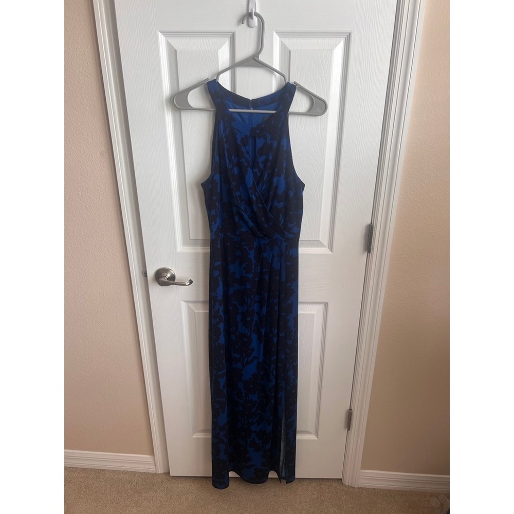 Adrianna Papell Women's Blue Floral Halter Neck Sleeveless Maxi Dress Size 6